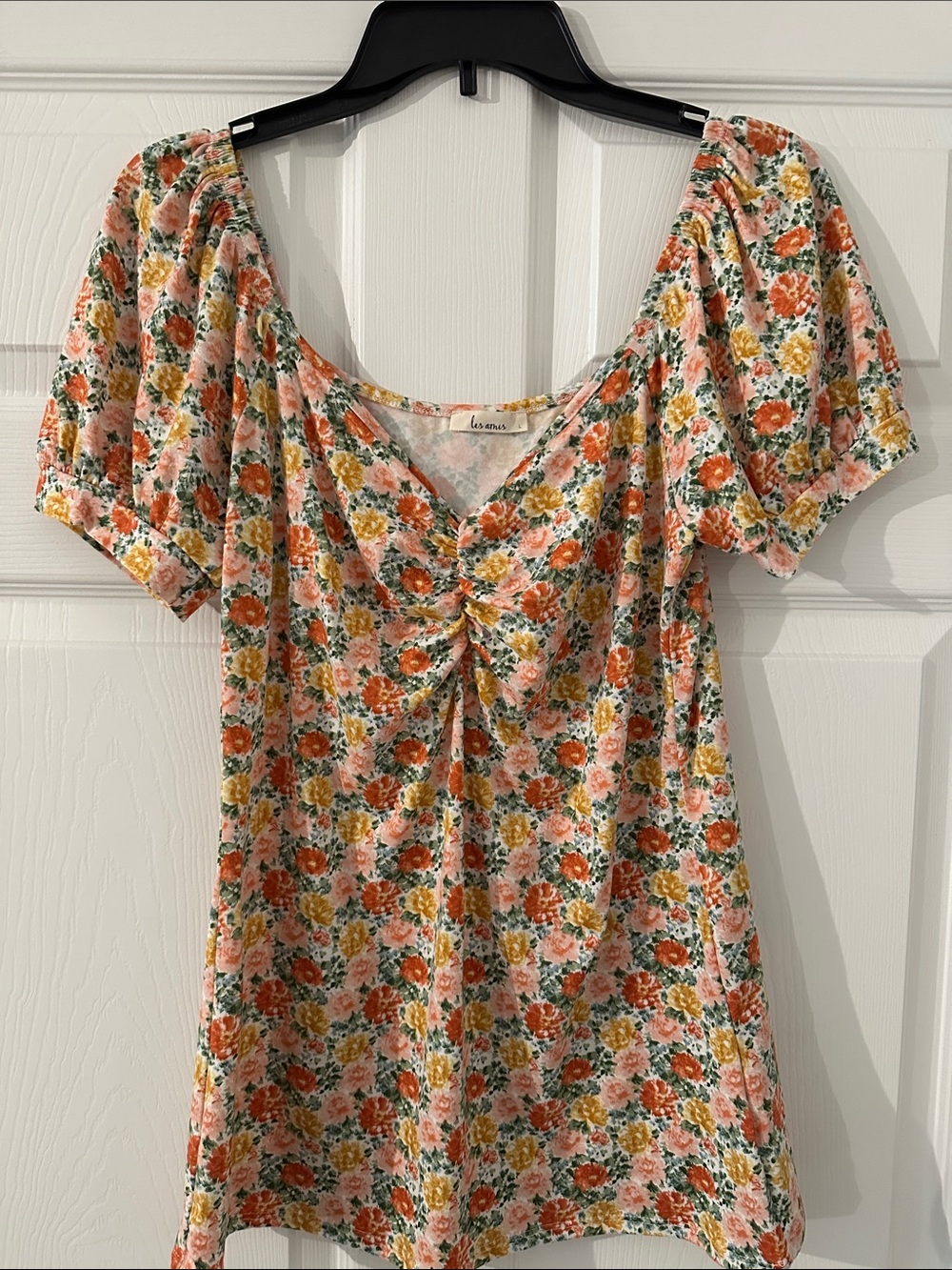 Floral Peach-Pink Ruched Front Puff Sleeve Top
